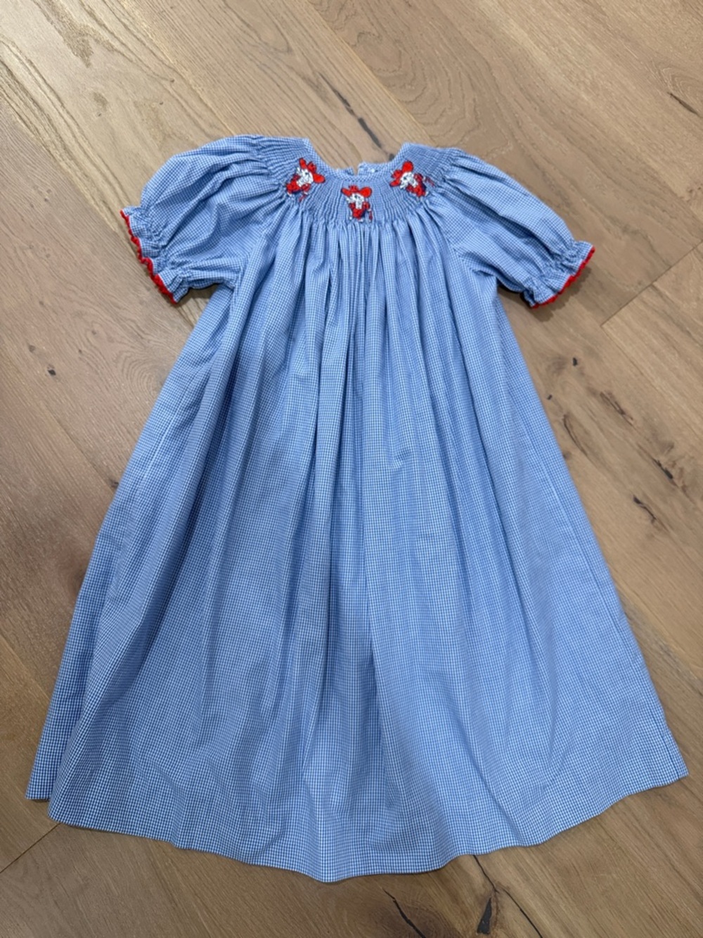 NWOT OleMiss Colonel Reb Blue Smocked Puff Sleeve Kids Dress with Red Trim